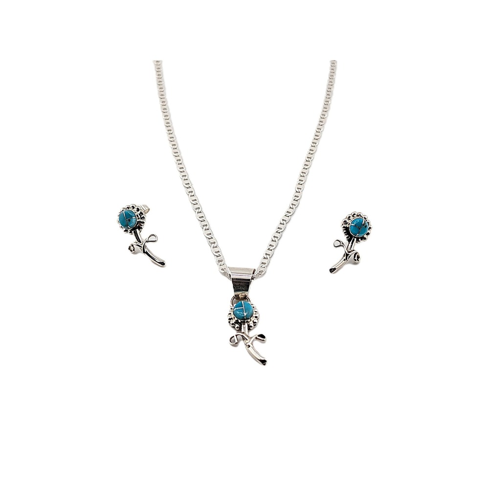 Navajo Jerome Yazzie Stem Floral Necklace Earring Set Turquoise Inlay Jewelry**‎